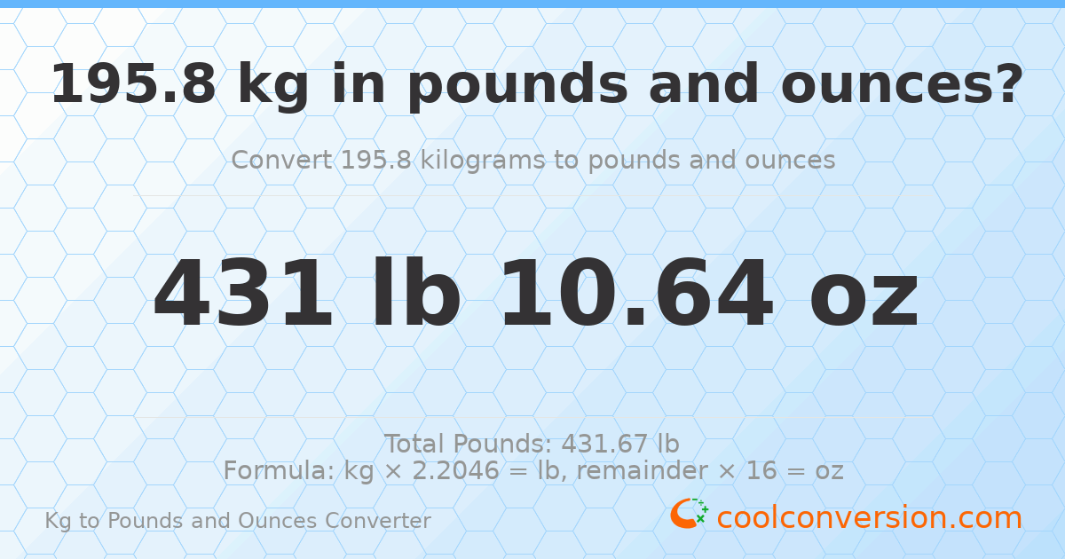 195.8 kg to lbs and oz — 195.8 kg = 431 lb 10.64 oz