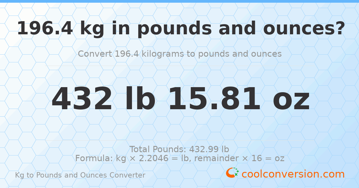 196.4 kg to lbs and oz — 196.4 kg = 432 lb 15.81 oz