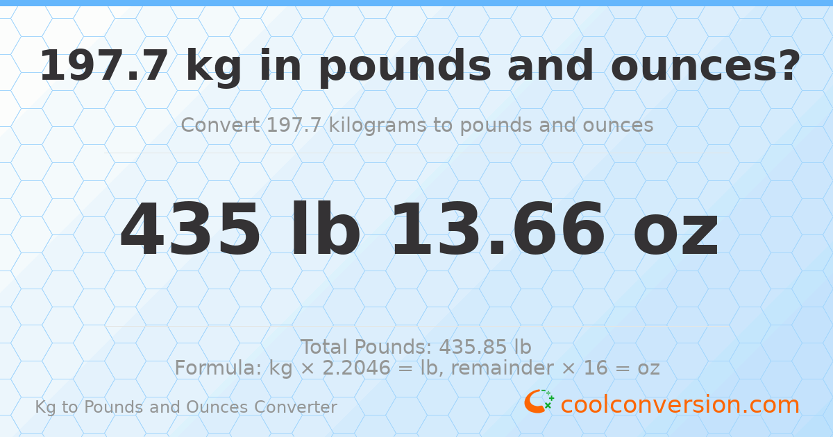 197.7 kg to lbs and oz — 197.7 kg = 435 lb 13.66 oz