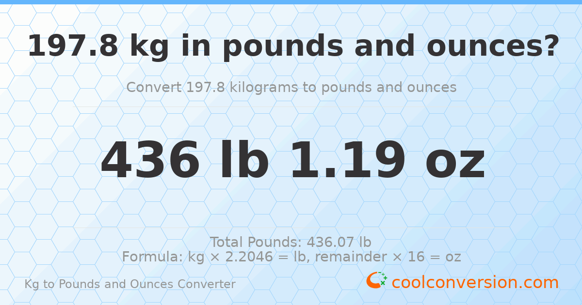 197.8 kg to lbs and oz — 197.8 kg = 436 lb 1.19 oz