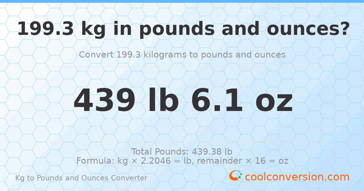 199.3 kg to lbs and oz — 199.3 kg = 439 lb 6.1 oz