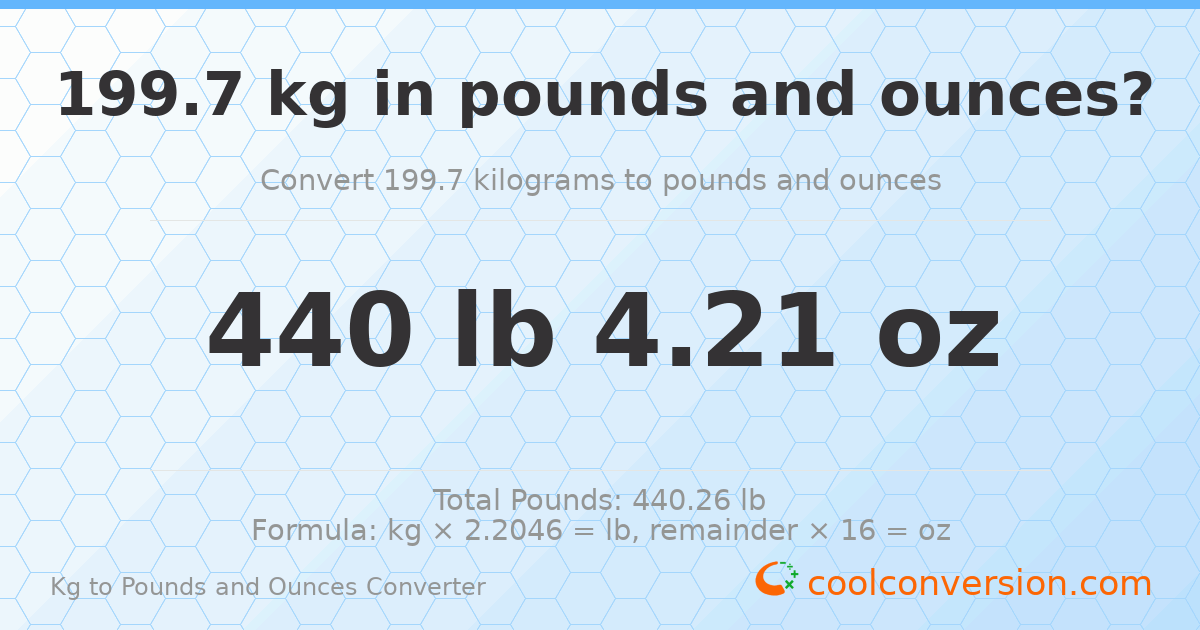 199.7 kg to lbs and oz — 199.7 kg = 440 lb 4.21 oz