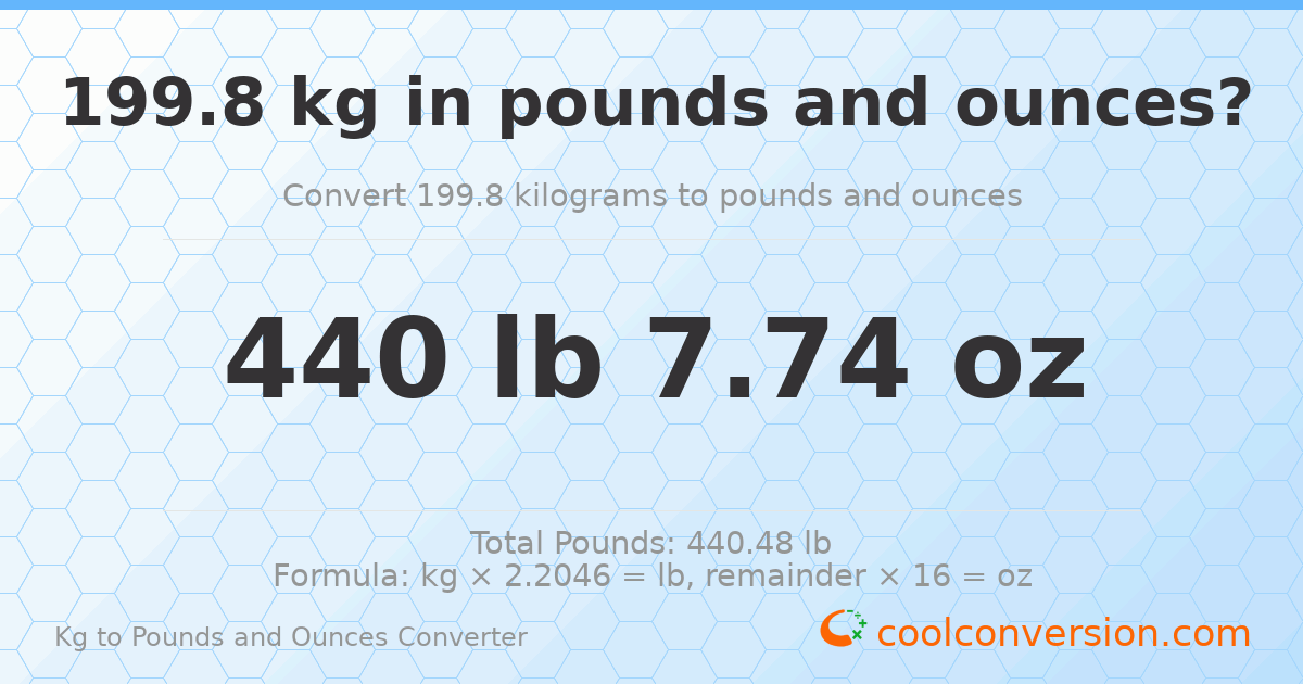199.8 kg to lbs and oz — 199.8 kg = 440 lb 7.74 oz