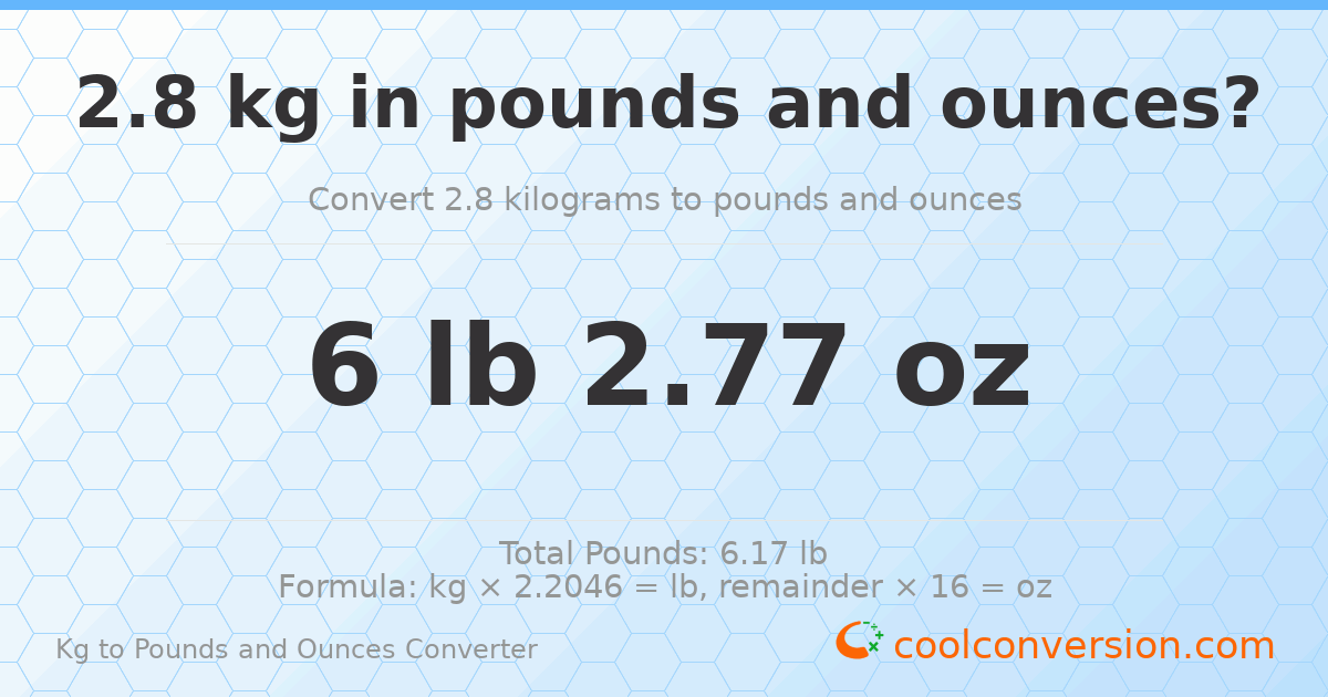2.8 kg to lbs and oz — 2.8 kg = 6 lb 2.77 oz