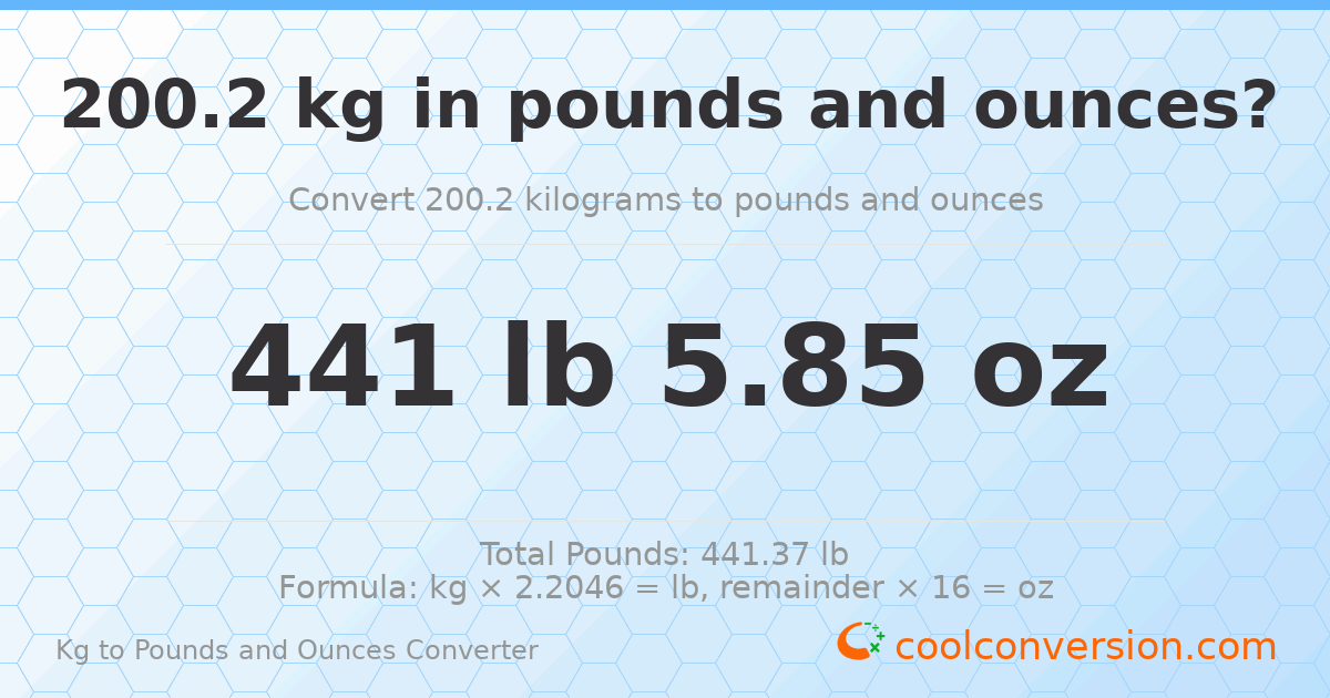 200.2 kg to lbs and oz — 200.2 kg = 441 lb 5.85 oz