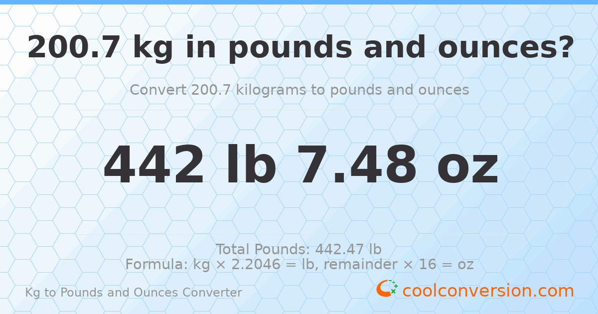 200.7 kg to lbs and oz — 200.7 kg = 442 lb 7.48 oz