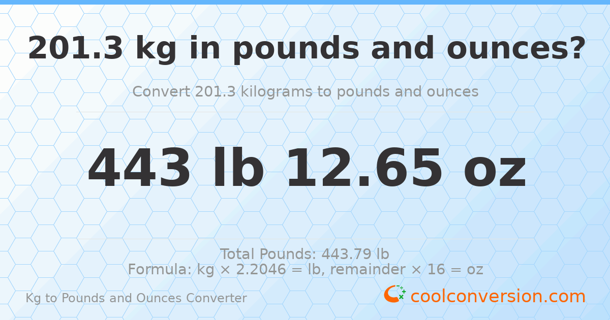 201.3 kg to lbs and oz — 201.3 kg = 443 lb 12.65 oz