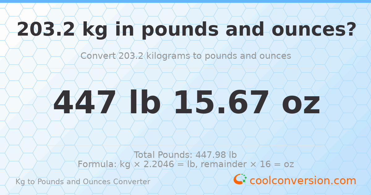 203.2 kg to lbs and oz — 203.2 kg = 447 lb 15.67 oz