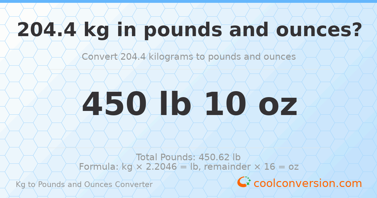 204.4 kg to lbs and oz — 204.4 kg = 450 lb 10 oz
