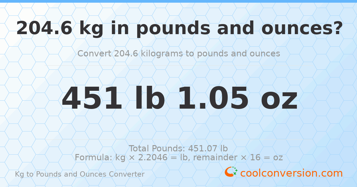 204.6 kg to lbs and oz — 204.6 kg = 451 lb 1.05 oz