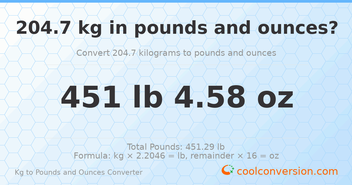 204.7 kg to lbs and oz — 204.7 kg = 451 lb 4.58 oz