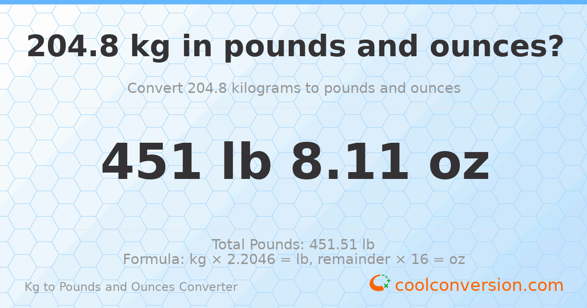 204.8 kg to lbs and oz — 204.8 kg = 451 lb 8.11 oz
