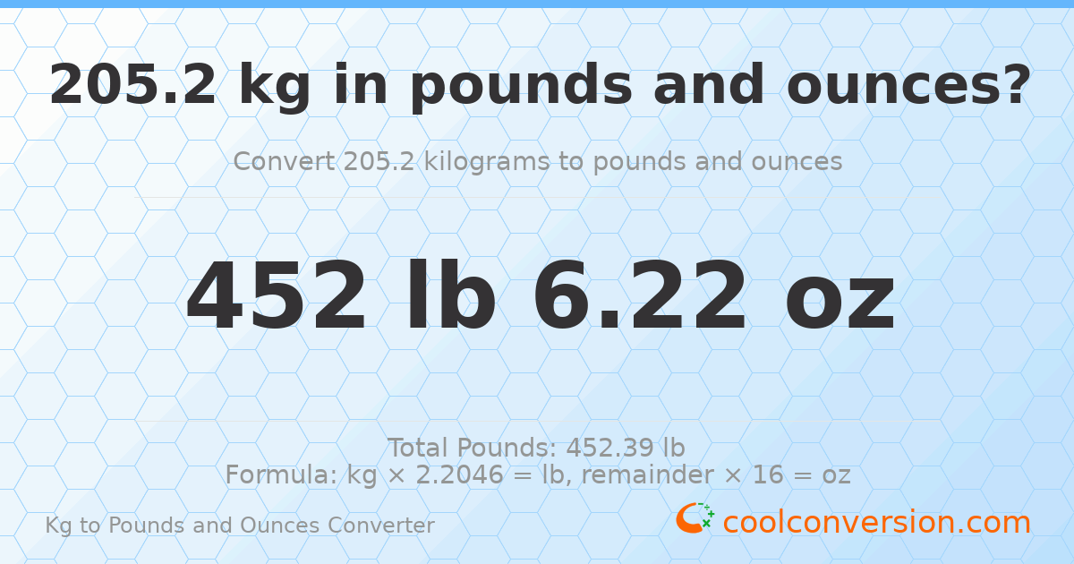 205.2 kg to lbs and oz — 205.2 kg = 452 lb 6.22 oz