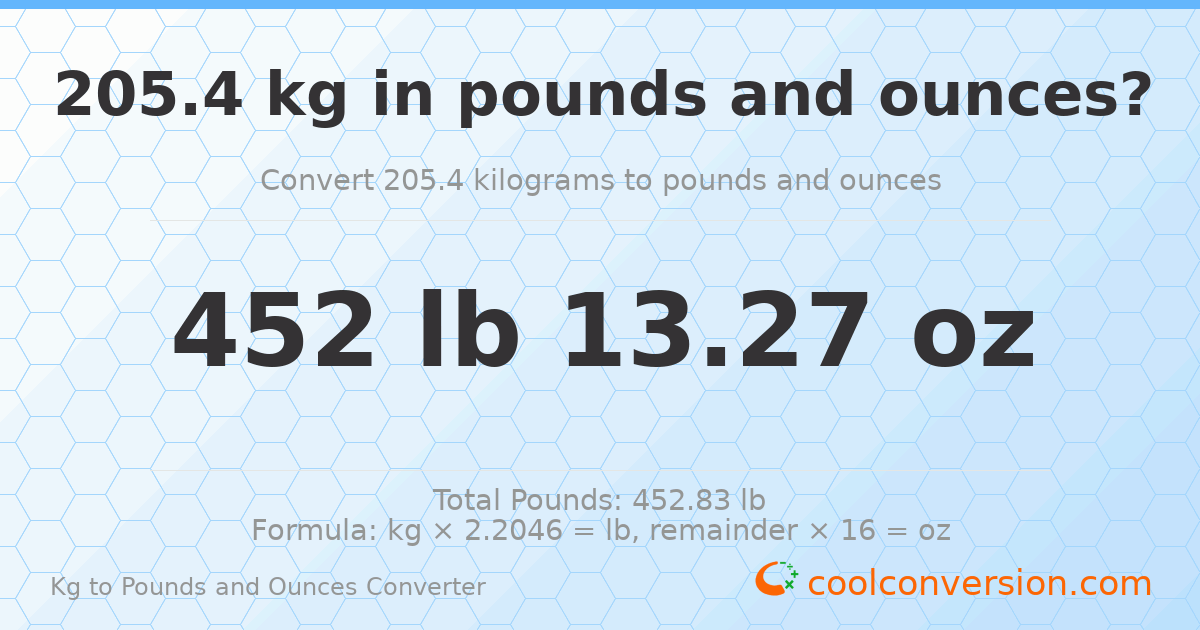 205.4 kg to lbs and oz — 205.4 kg = 452 lb 13.27 oz