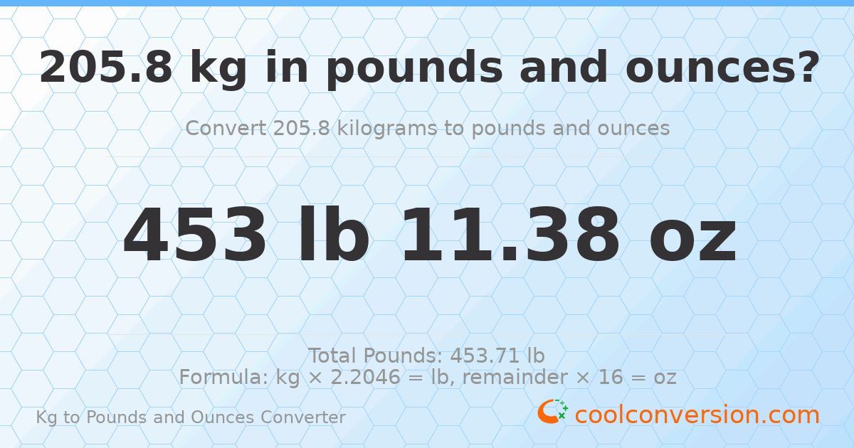 205.8 kg to lbs and oz — 205.8 kg = 453 lb 11.38 oz