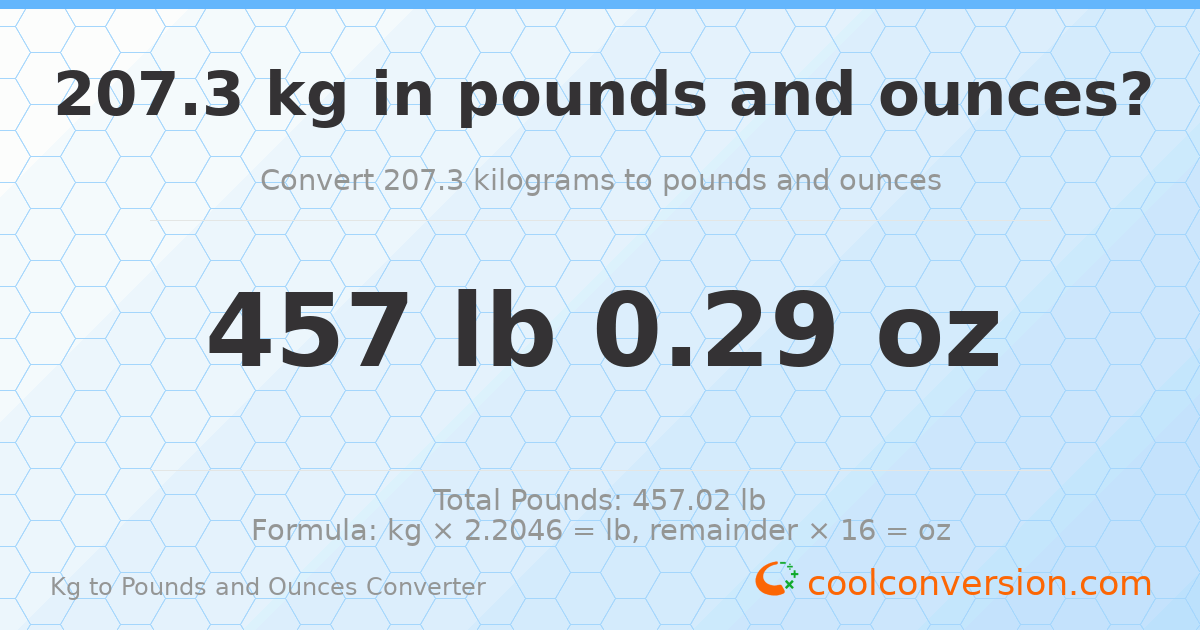 207.3 kg to lbs and oz — 207.3 kg = 457 lb 0.29 oz