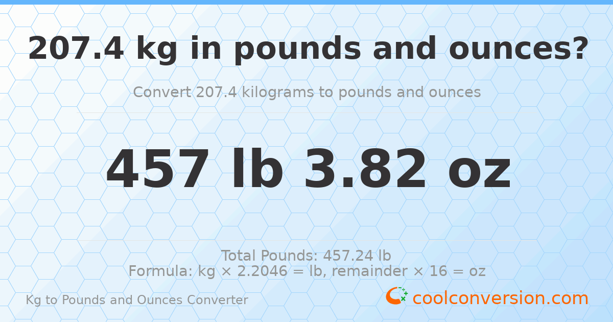 207.4 kg to lbs and oz — 207.4 kg = 457 lb 3.82 oz