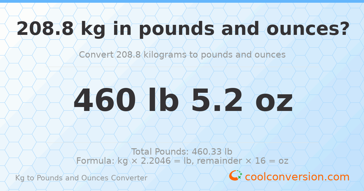 208.8 kg to lbs and oz — 208.8 kg = 460 lb 5.2 oz