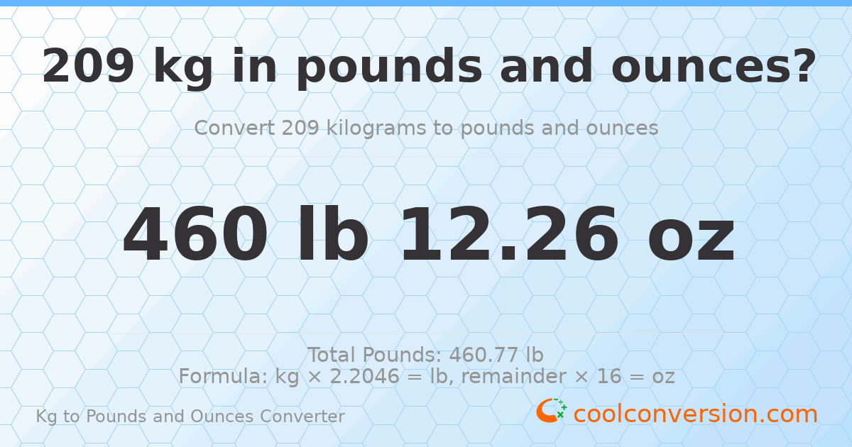 209 kg to lbs and oz — 209 kg = 460 lb 12.26 oz