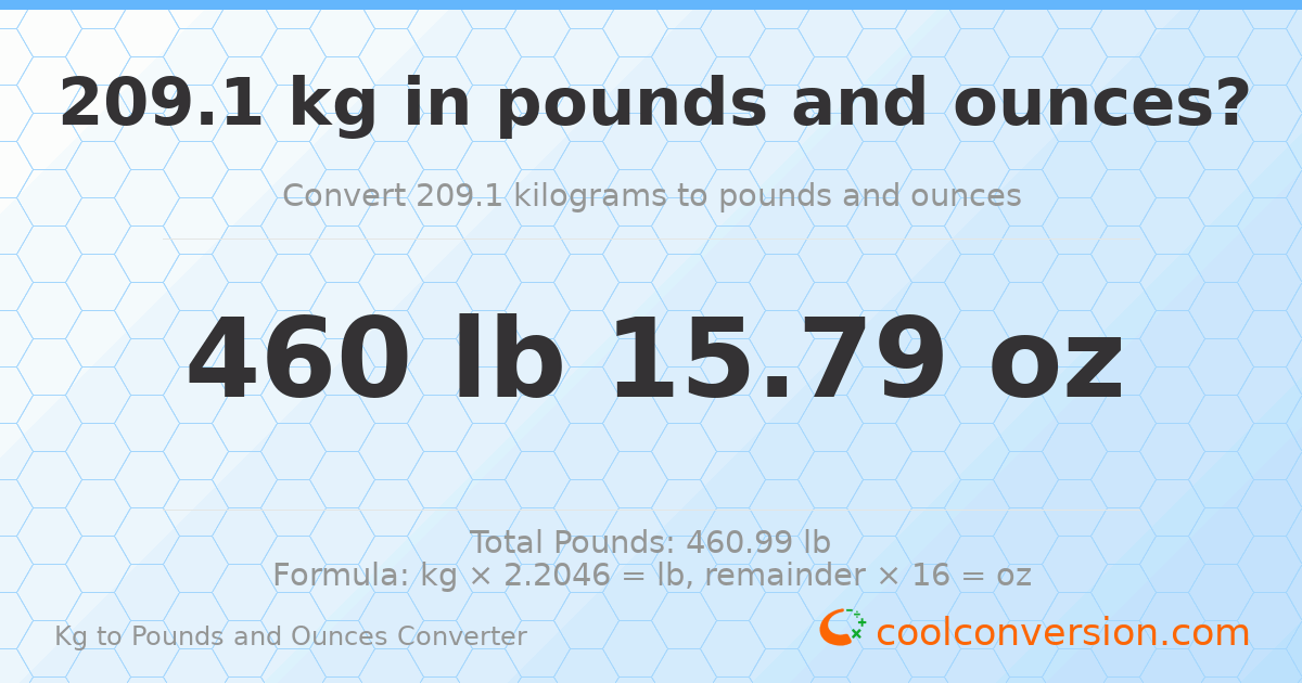 209.1 kg to lbs and oz — 209.1 kg = 460 lb 15.79 oz