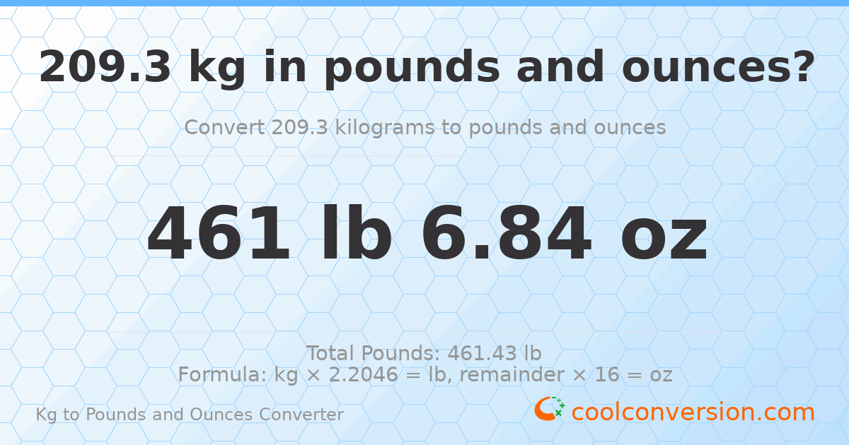 209.3 kg to lbs and oz — 209.3 kg = 461 lb 6.84 oz