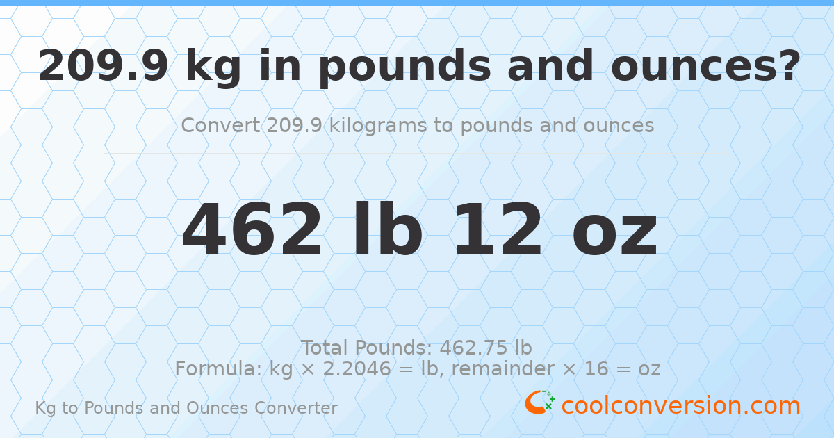 209.9 kg to lbs and oz — 209.9 kg = 462 lb 12 oz