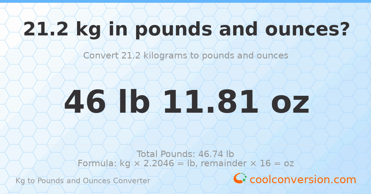 21.2 kg to lbs and oz — 21.2 kg = 46 lb 11.81 oz