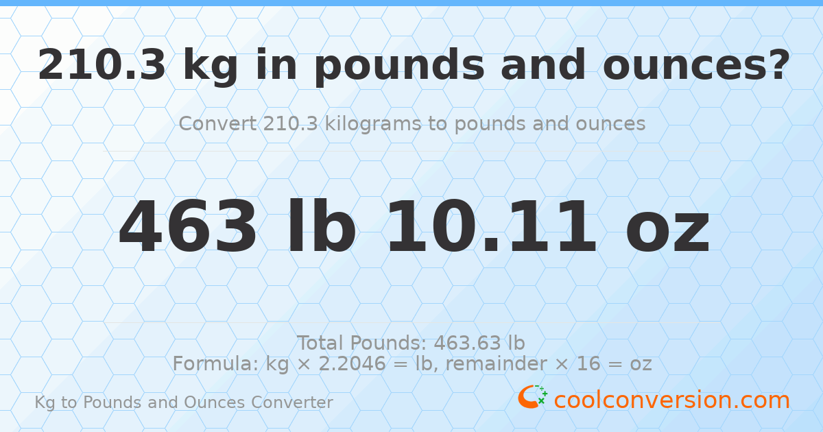 210.3 kg to lbs and oz — 210.3 kg = 463 lb 10.11 oz