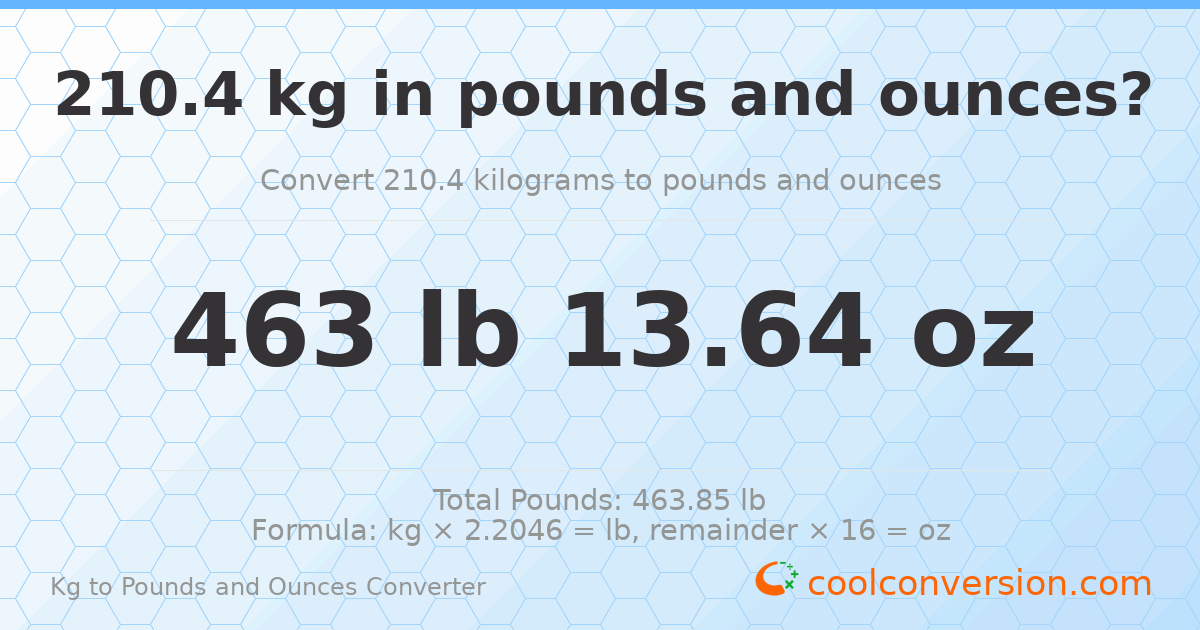 210.4 kg to lbs and oz — 210.4 kg = 463 lb 13.64 oz