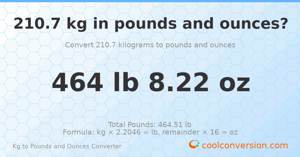 210.7 kg to lbs and oz — 210.7 kg = 464 lb 8.22 oz