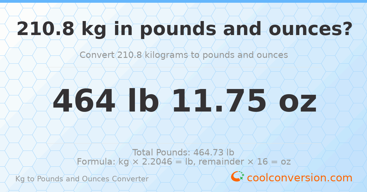 210.8 kg to lbs and oz — 210.8 kg = 464 lb 11.75 oz