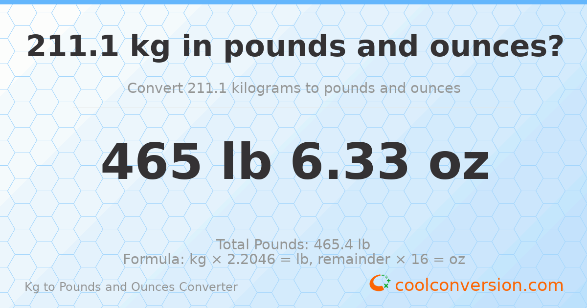 211.1 kg to lbs and oz — 211.1 kg = 465 lb 6.33 oz