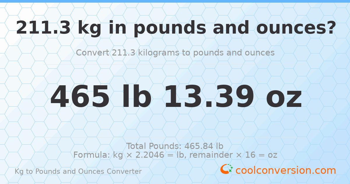 211.3 kg to lbs and oz — 211.3 kg = 465 lb 13.39 oz