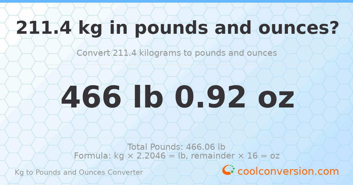 211.4 kg to lbs and oz — 211.4 kg = 466 lb 0.92 oz