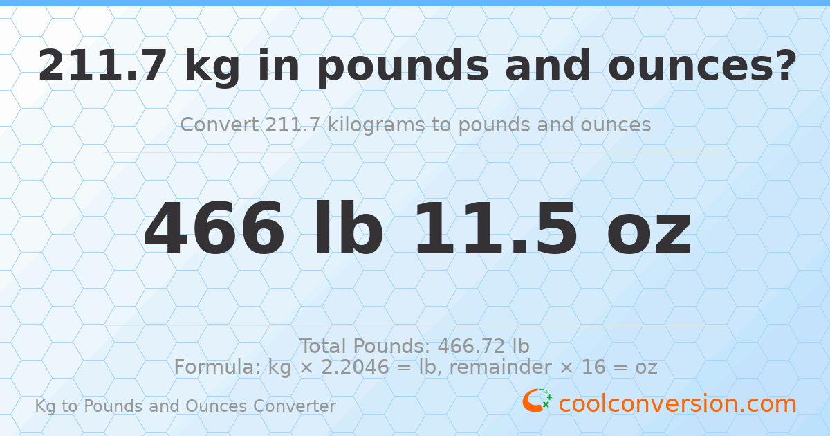 211.7 kg to lbs and oz — 211.7 kg = 466 lb 11.5 oz