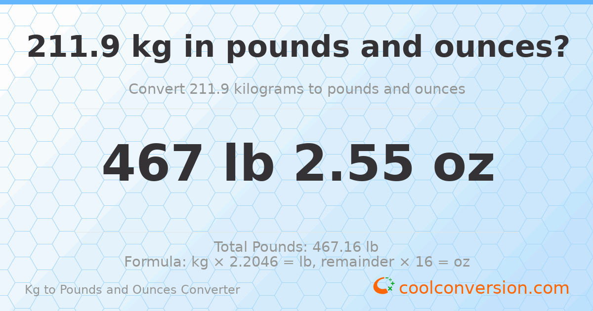 211.9 kg to lbs and oz — 211.9 kg = 467 lb 2.55 oz