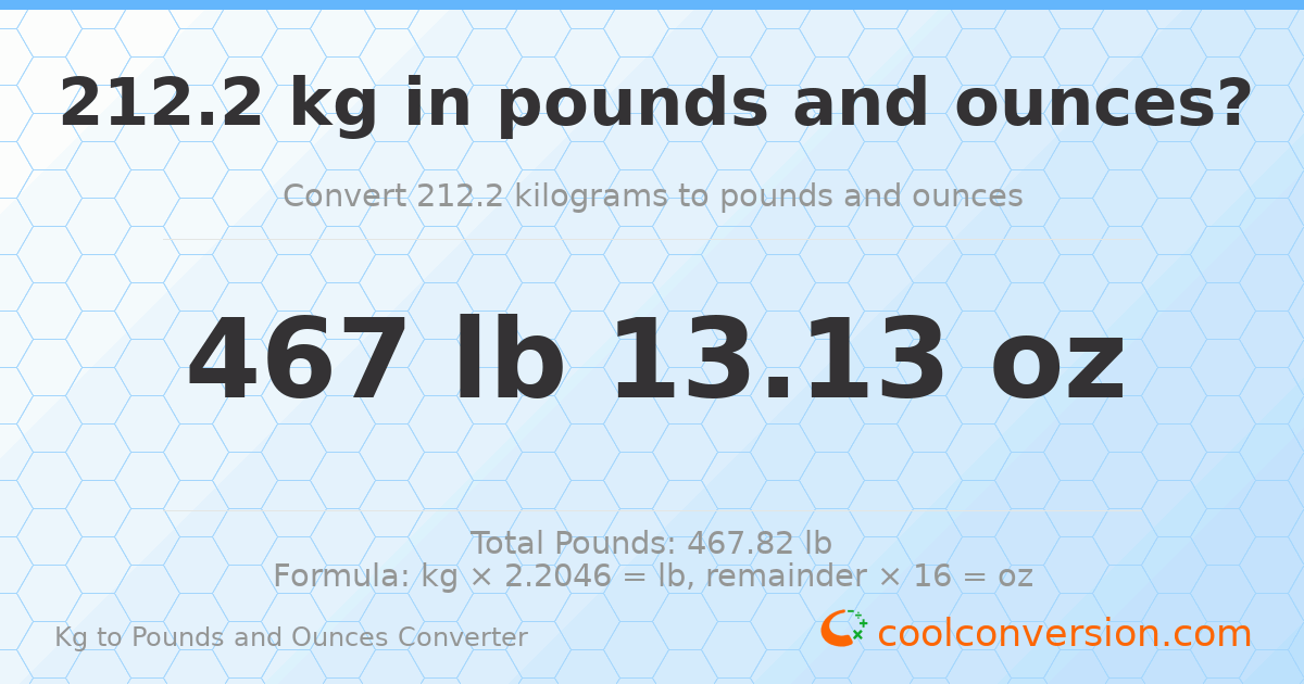 212.2 kg to lbs and oz — 212.2 kg = 467 lb 13.13 oz