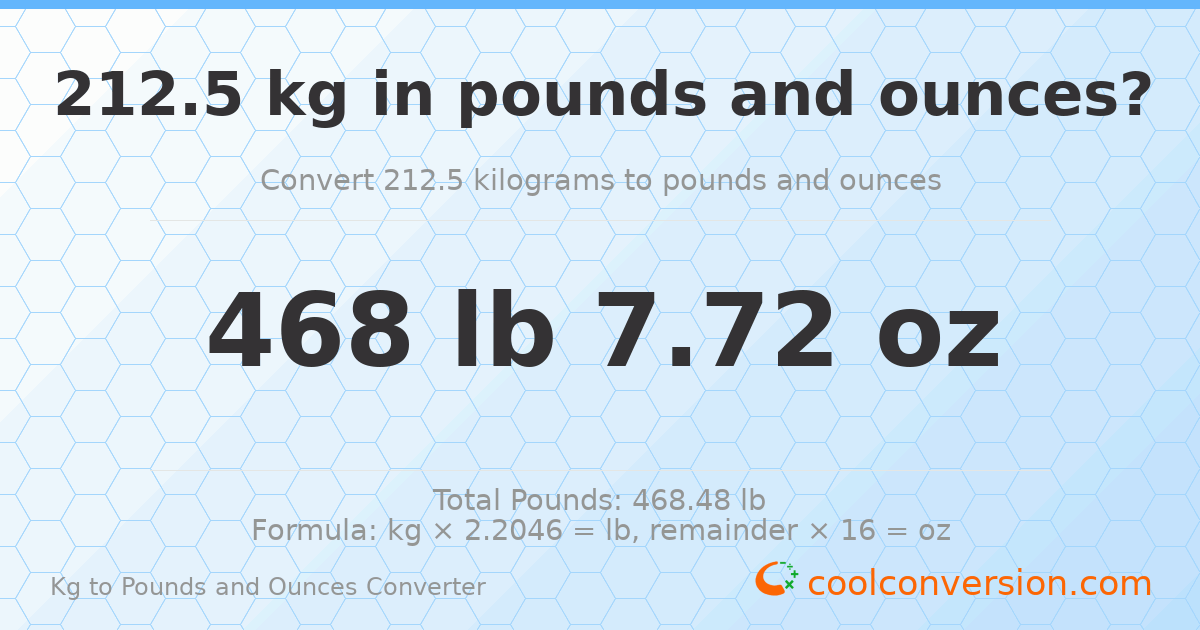 212.5 kg to lbs and oz — 212.5 kg = 468 lb 7.72 oz