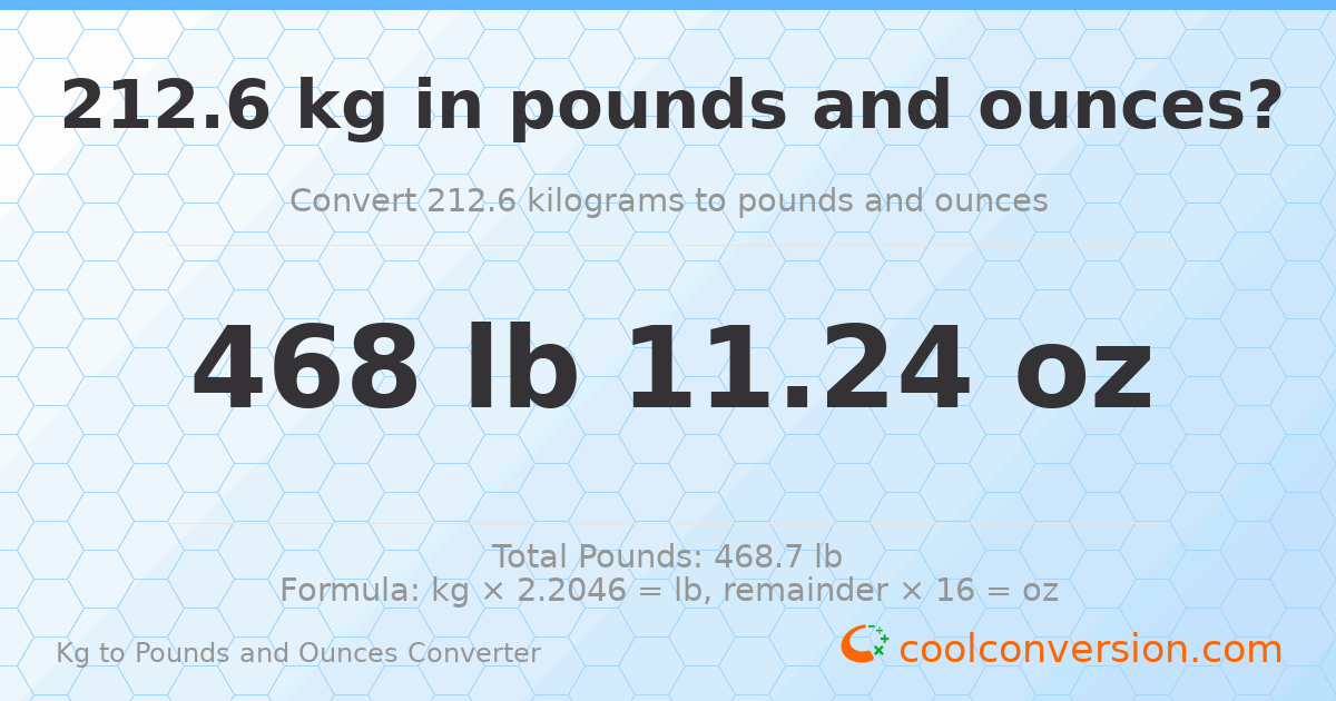212.6 kg to lbs and oz — 212.6 kg = 468 lb 11.24 oz