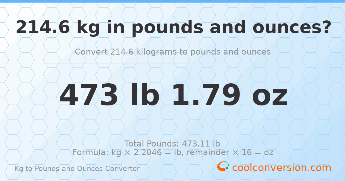 214.6 kg to lbs and oz — 214.6 kg = 473 lb 1.79 oz