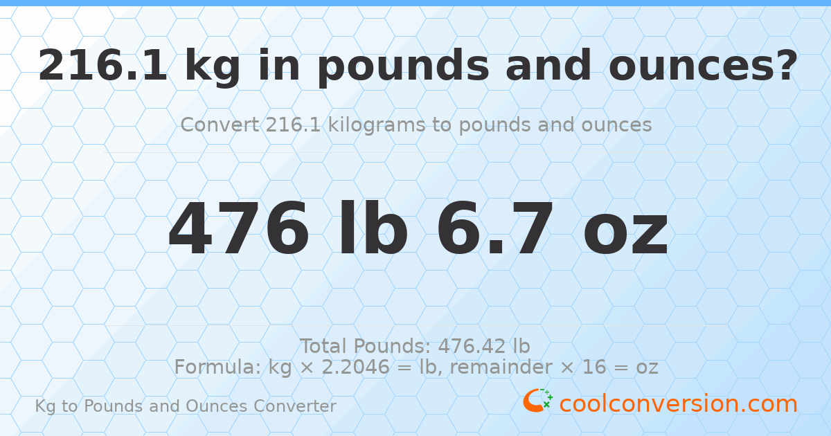 216.1 kg to lbs and oz — 216.1 kg = 476 lb 6.7 oz