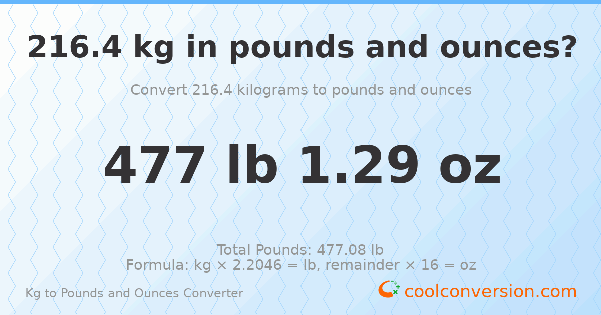 216.4 kg to lbs and oz — 216.4 kg = 477 lb 1.29 oz