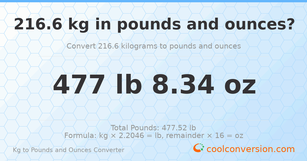 216.6 kg to lbs and oz — 216.6 kg = 477 lb 8.34 oz