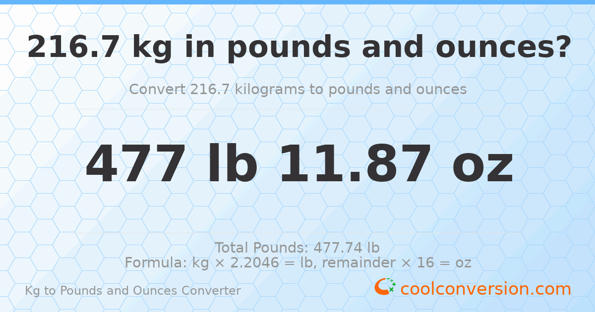 216.7 kg to lbs and oz — 216.7 kg = 477 lb 11.87 oz