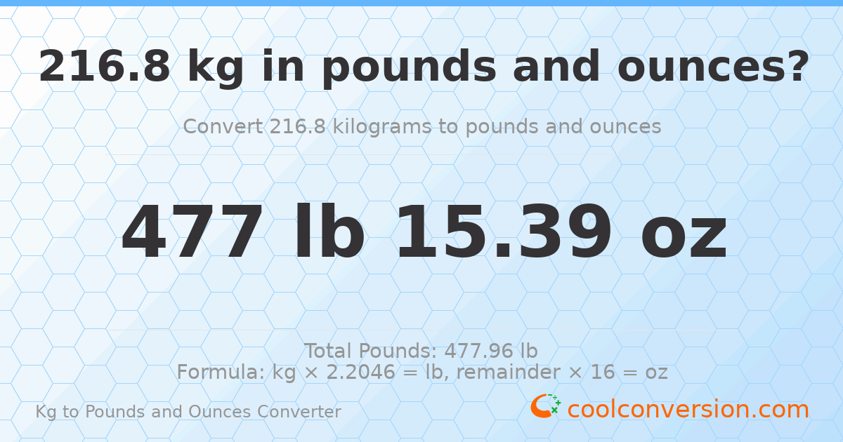 216.8 kg to lbs and oz — 216.8 kg = 477 lb 15.39 oz