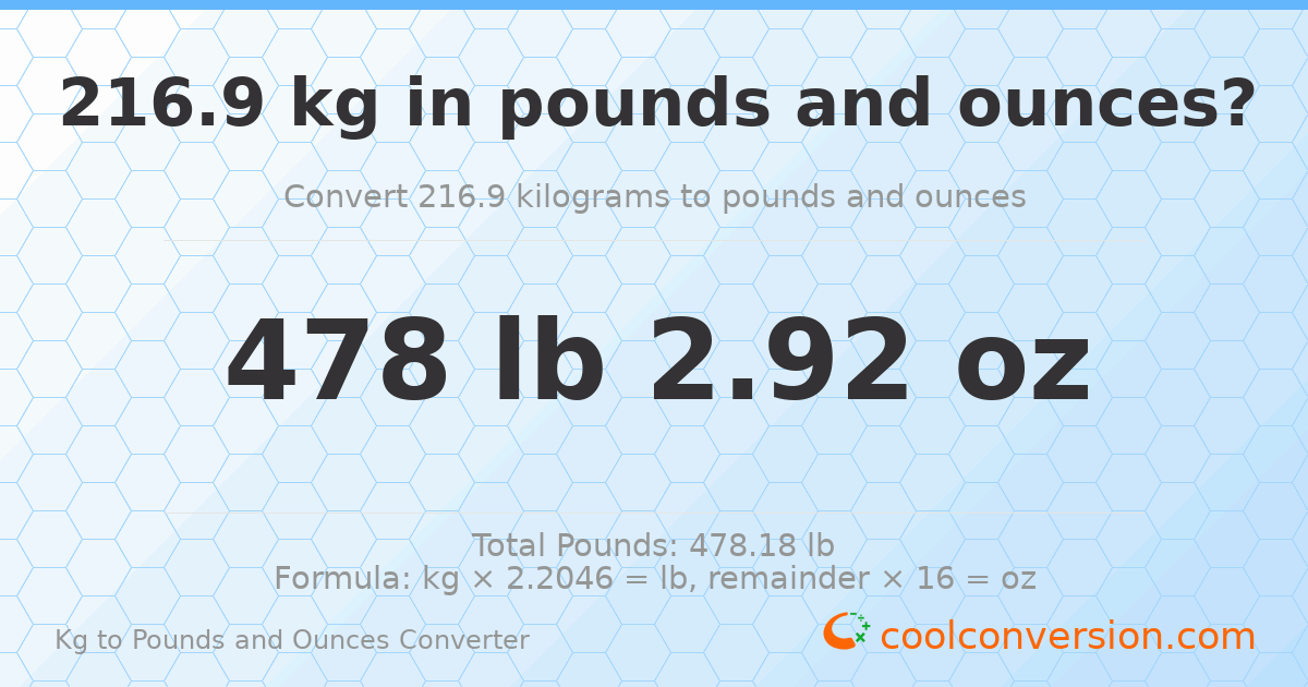 216.9 kg to lbs and oz — 216.9 kg = 478 lb 2.92 oz