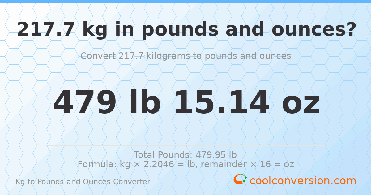 217.7 kg to lbs and oz — 217.7 kg = 479 lb 15.14 oz