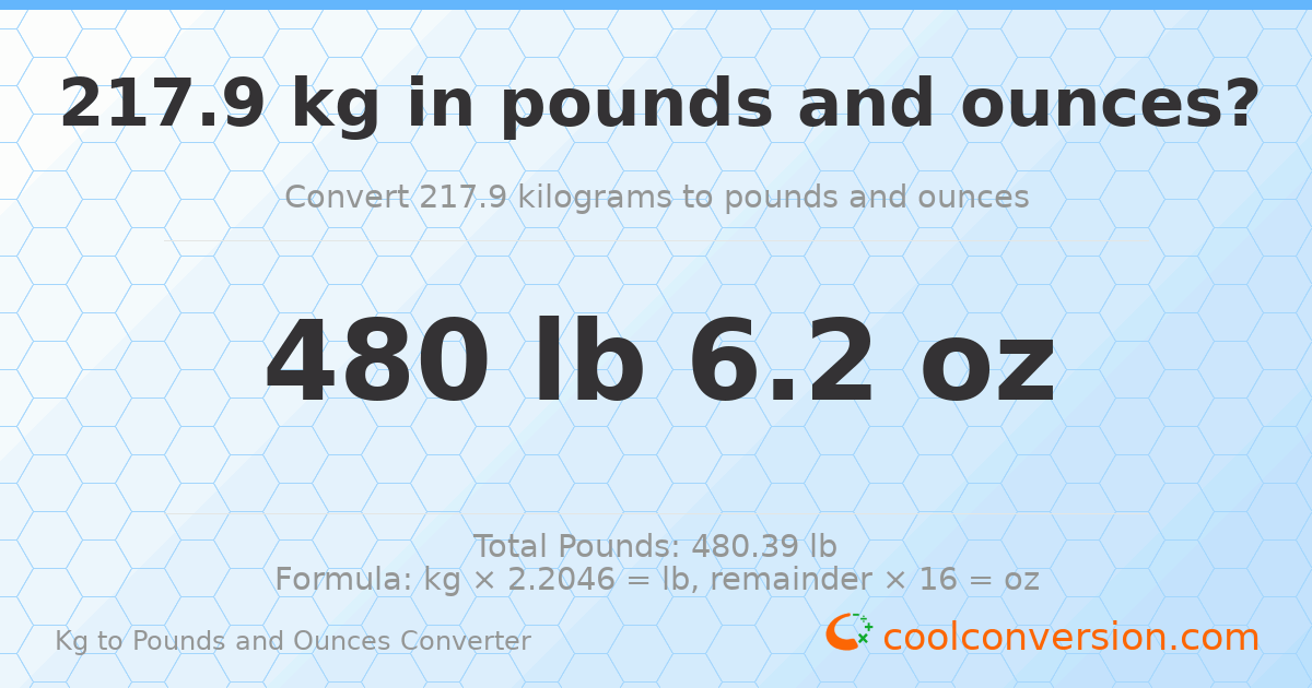 217.9 kg to lbs and oz — 217.9 kg = 480 lb 6.2 oz