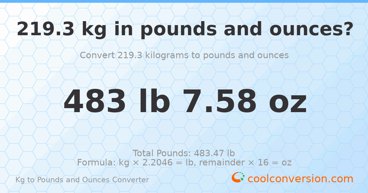 219.3 kg to lbs and oz — 219.3 kg = 483 lb 7.58 oz