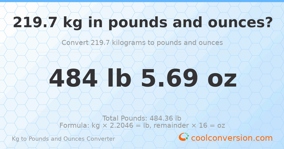 219.7 kg to lbs and oz — 219.7 kg = 484 lb 5.69 oz